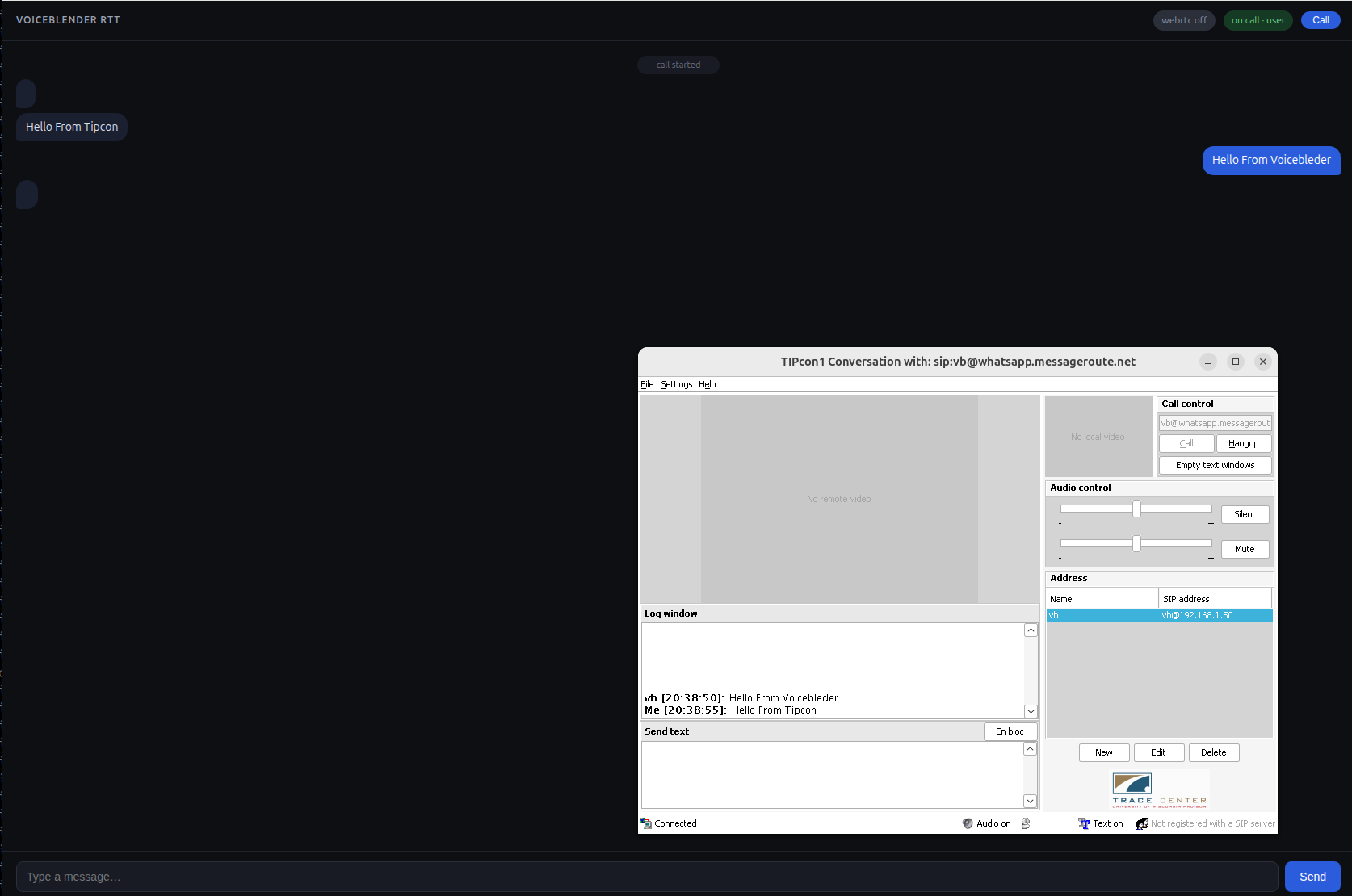 VoiceBlender RTT demo page exchanging T.140 Real-Time Text with the TIPcon1 client over a live call.